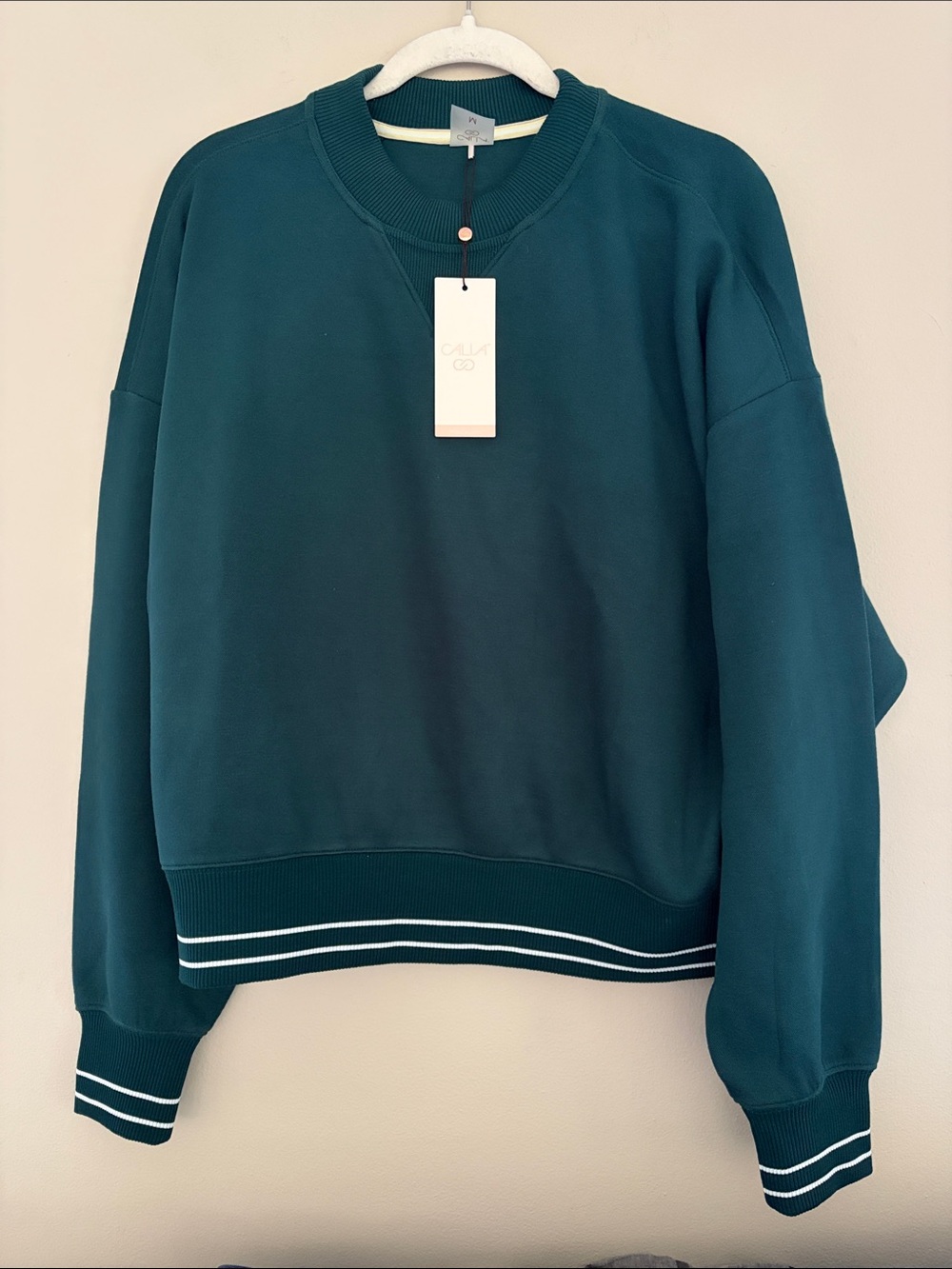 Alia Teal Crew & Scoop Neck Pullover with Striped Hem